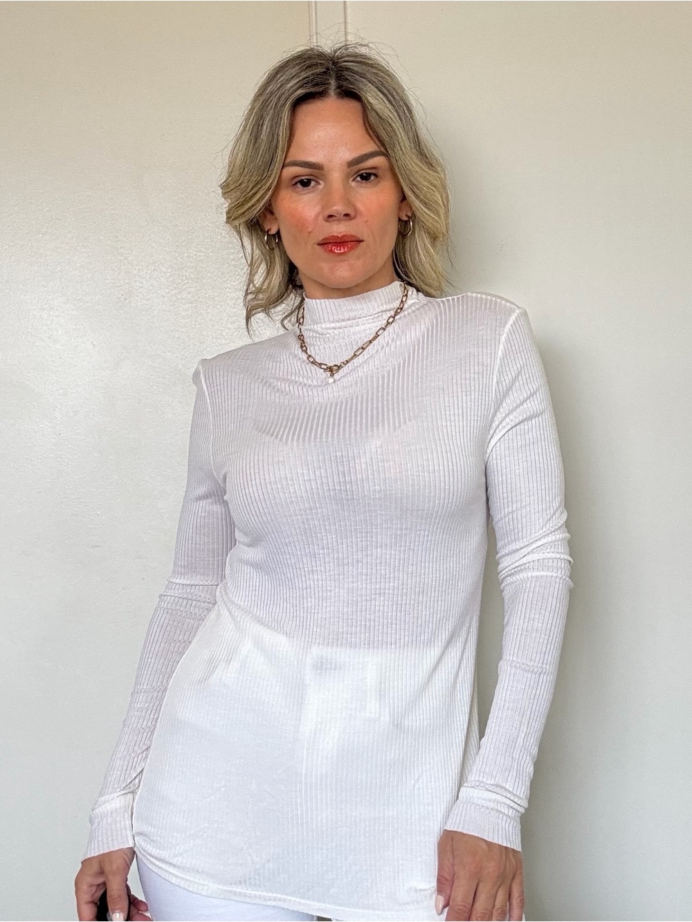 Enza Costa Ribbed Mock Neck Long Sleeve Top White